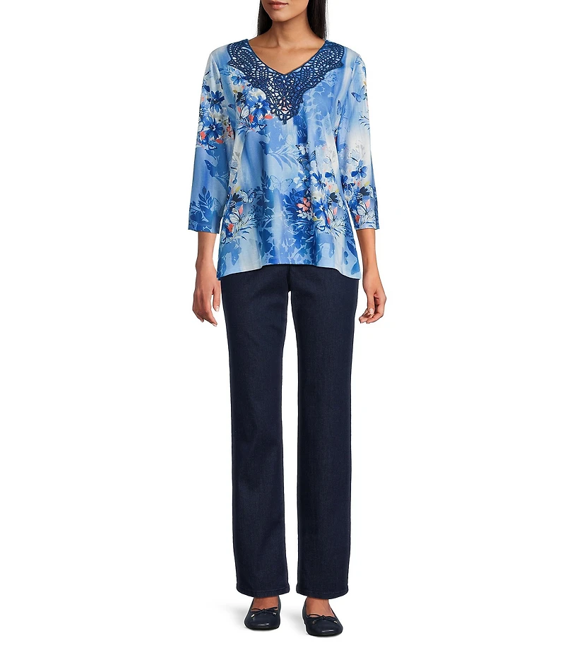 Allison Daley Petite Size Floral Print 3/4 Sleeve V-Neck Beaded Applique Knit Top