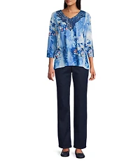 Allison Daley Petite Size Floral Print 3/4 Sleeve V-Neck Beaded Applique Knit Top