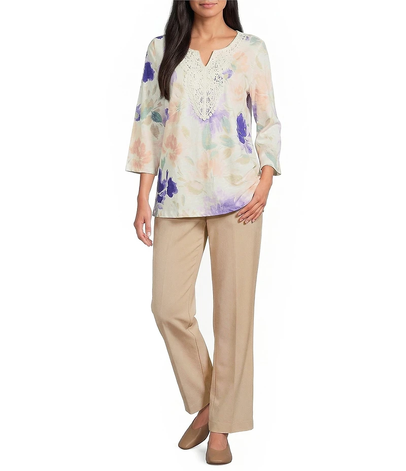 Allison Daley Petite Size Floral Print 3/4 Sleeve V-Neck Beaded Applique Knit Top