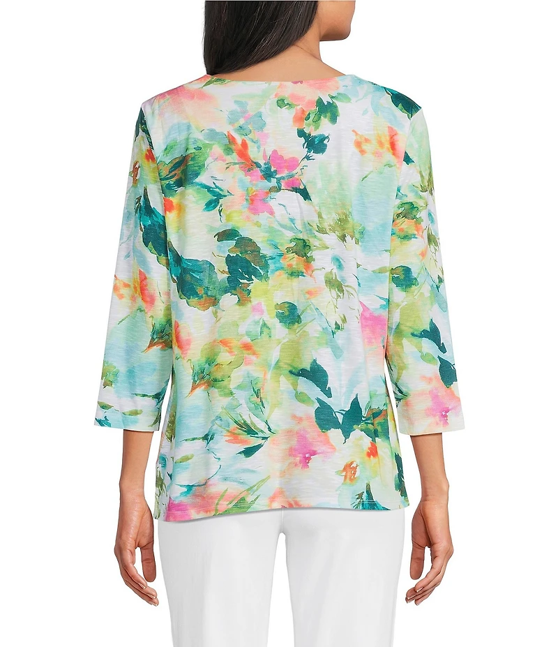 Allison Daley Petite Size Floral Print 3/4 Sleeve V-Neck Knot Hem Knit Top