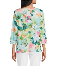 Allison Daley Petite Size Floral Print 3/4 Sleeve V-Neck Knot Hem Knit Top
