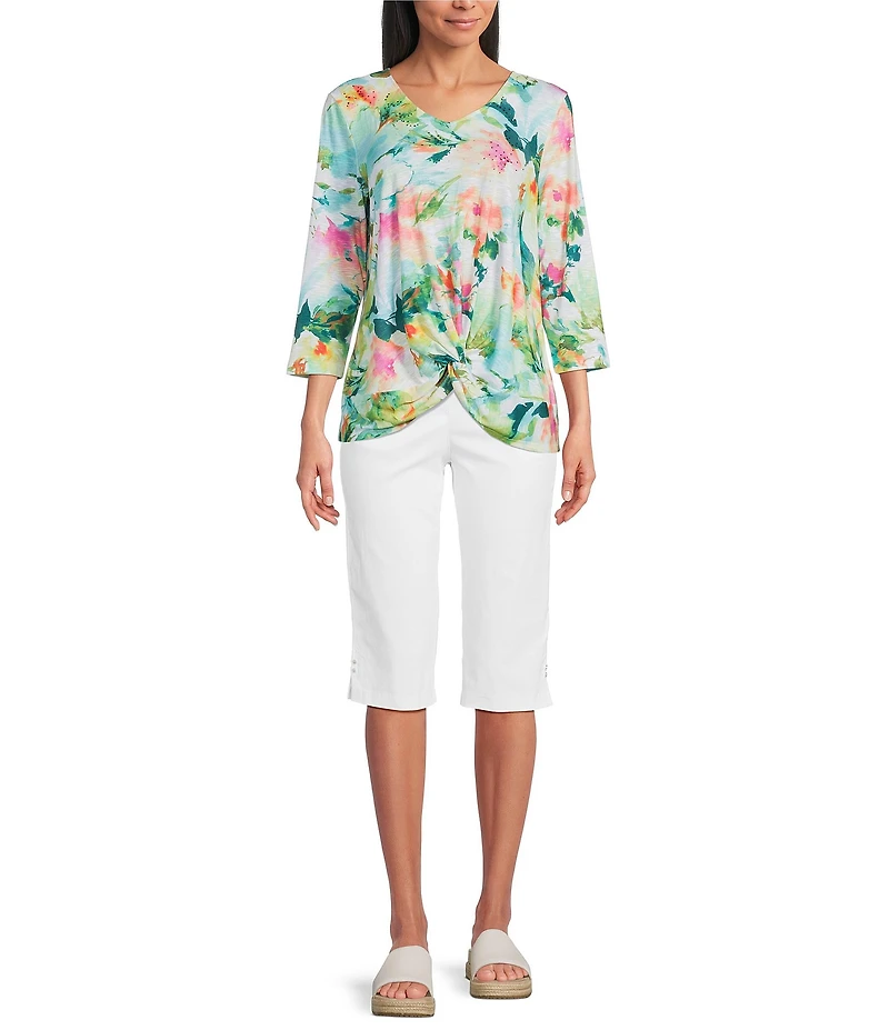 Allison Daley Petite Size Floral Print 3/4 Sleeve V-Neck Knot Hem Knit Top