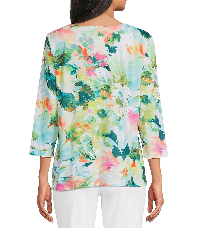 Allison Daley Petite Size Floral Print 3/4 Sleeve V-Neck Knot Hem Knit Top