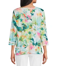 Allison Daley Petite Size Floral Print 3/4 Sleeve V-Neck Knot Hem Knit Top