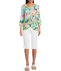 Allison Daley Petite Size Floral Print 3/4 Sleeve V-Neck Knot Hem Knit Top