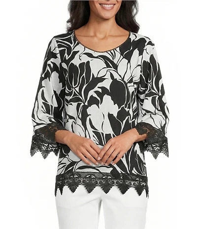 Allison Daley Petite Size Floral Print 3/4 Sleeve V-Neck Lace Trim Detail Blouse