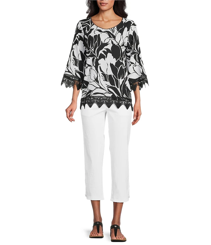 Allison Daley Petite Size Floral Print 3/4 Sleeve V-Neck Lace Trim Detail Blouse