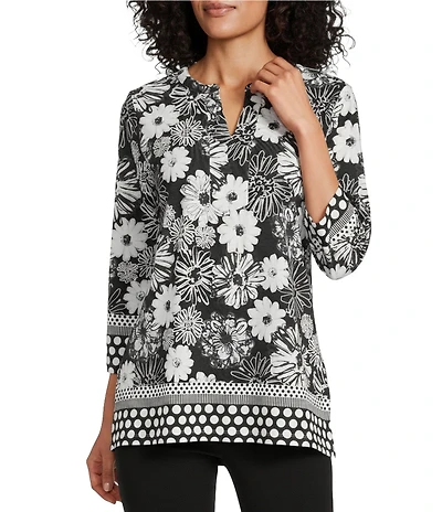 Allison Daley Petite Size Floral Print 3/4 Sleeve V-Neck Top