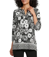 Allison Daley Petite Size Floral Print 3/4 Sleeve V-Neck Top