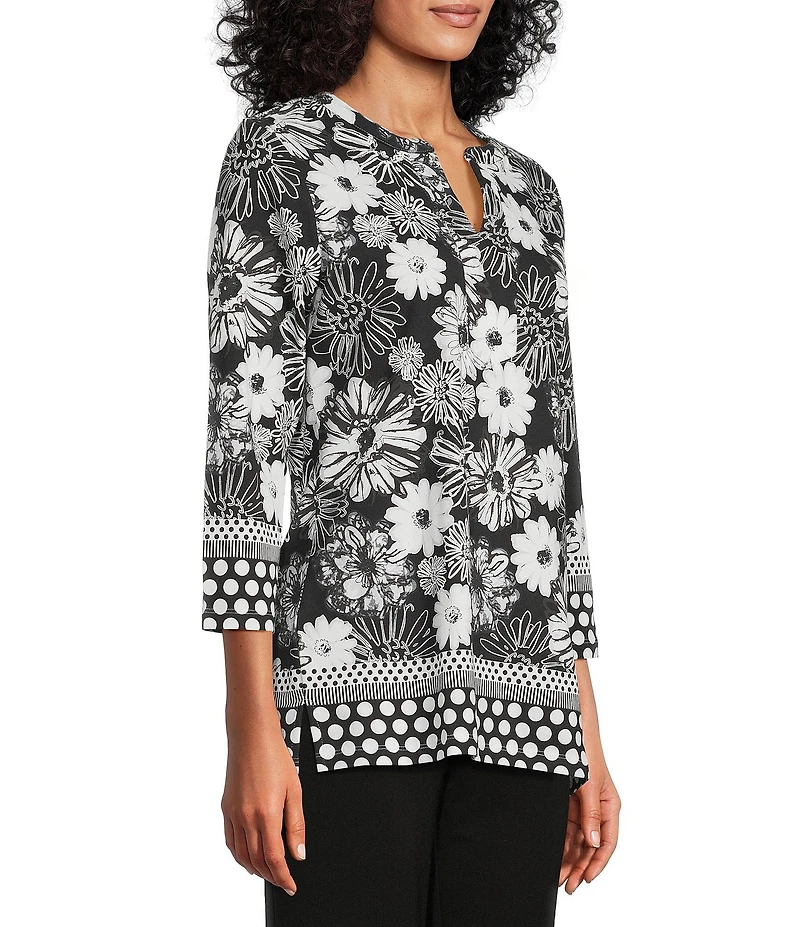 Allison Daley Petite Size Floral Print 3/4 Sleeve V-Neck Top