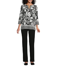 Allison Daley Petite Size Floral Print 3/4 Sleeve V-Neck Top