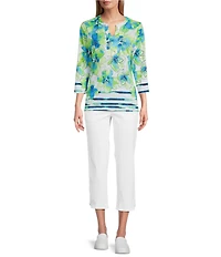 Allison Daley Petite Size Floral Print 3/4 Sleeve Y-Neck Knit Top