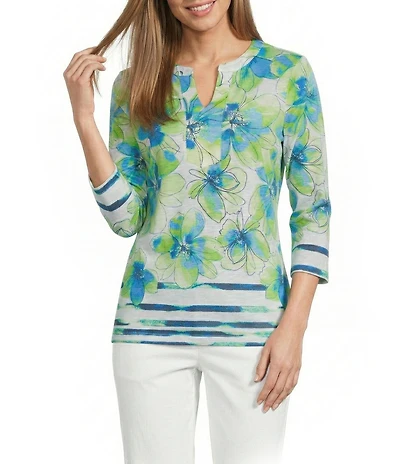 Allison Daley Petite Size Floral Print 3/4 Sleeve Split V-Neck Knit Top