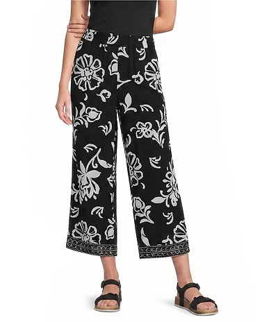 Allison Daley Petite Size Floral Print Pull-On Crinkle Soft Crop Pants