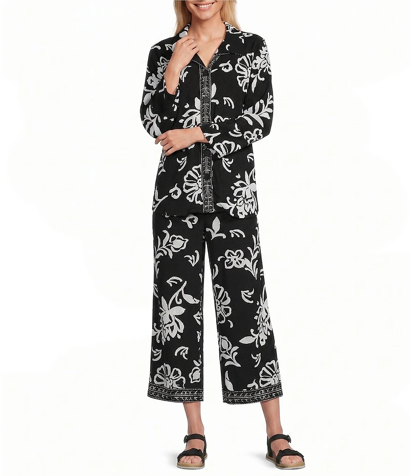 Allison Daley Petite Size Floral Print Pull-On Crinkle Soft Crop Pants