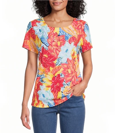 Allison Daley Petite Size Floral Short Sleeve Crew Neck Top
