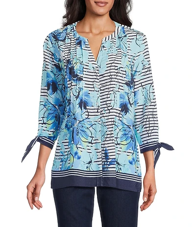 Allison Daley Petite Size Floral Stripe Print 3/4 Tie Sleeve Y-Neck Button Front Blouse