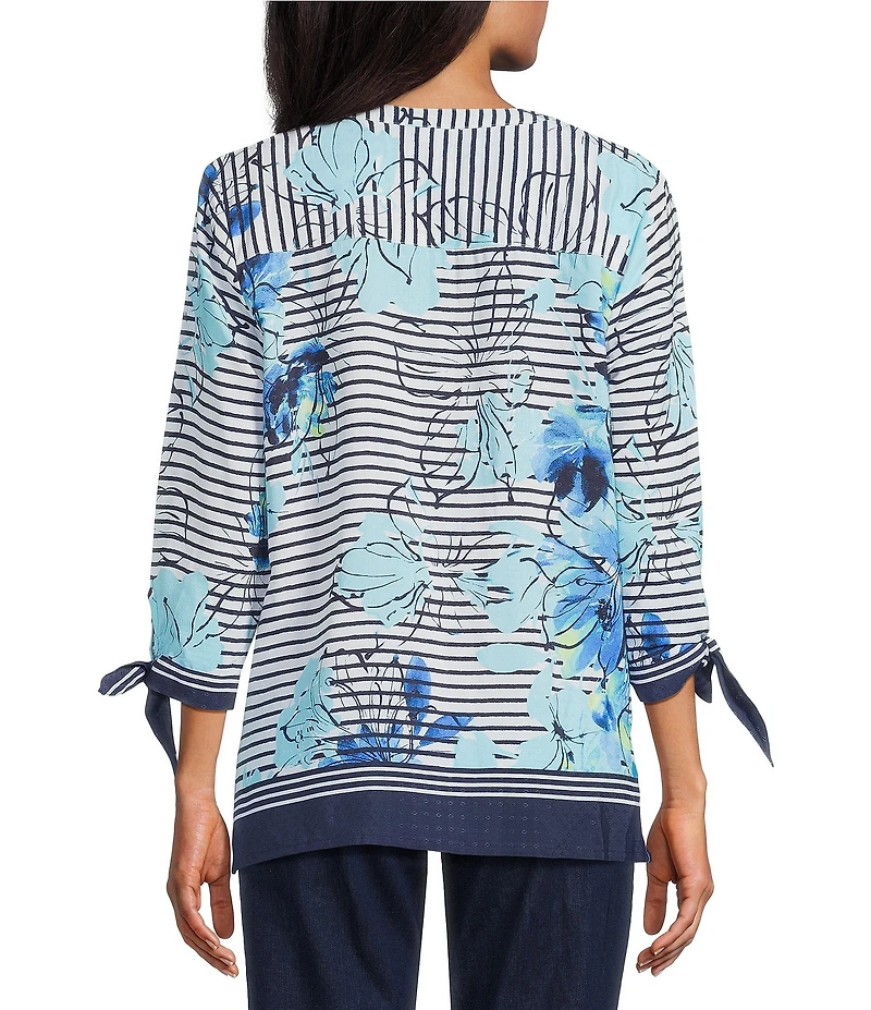 Allison Daley Petite Size Floral Stripe Print 3/4 Tie Sleeve Y-Neck Button Front Blouse