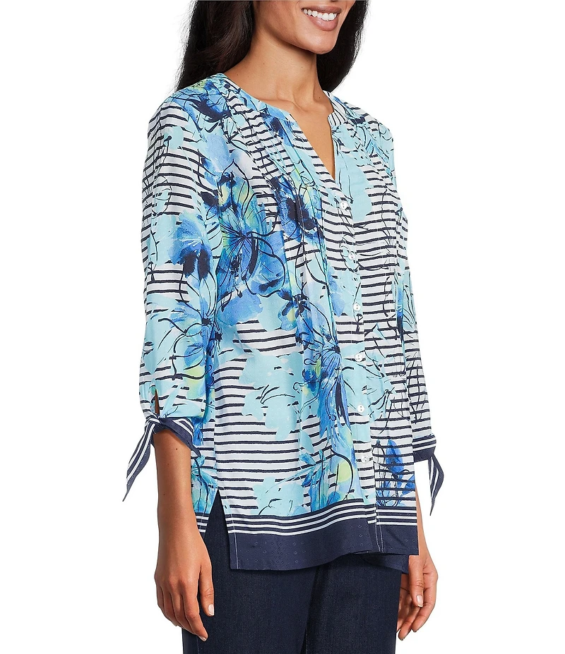 Allison Daley Petite Size Floral Stripe Print 3/4 Tie Sleeve Y-Neck Button Front Blouse
