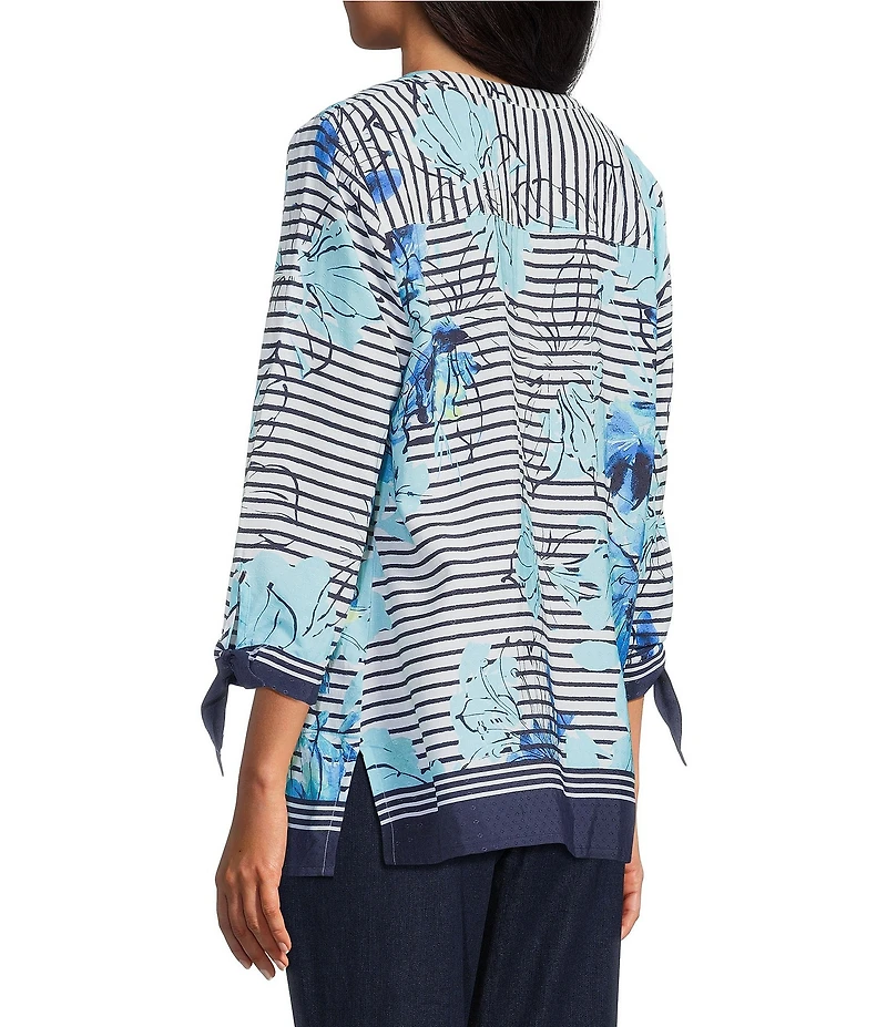 Allison Daley Petite Size Floral Stripe Print 3/4 Tie Sleeve Y-Neck Button Front Blouse