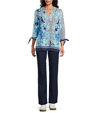 Allison Daley Petite Size Floral Stripe Print 3/4 Tie Sleeve Y-Neck Button Front Blouse