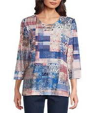 Allison Daley Petite Size Flowering Plaid Print 3/4 Sleeve Split-V Neck Knit Top