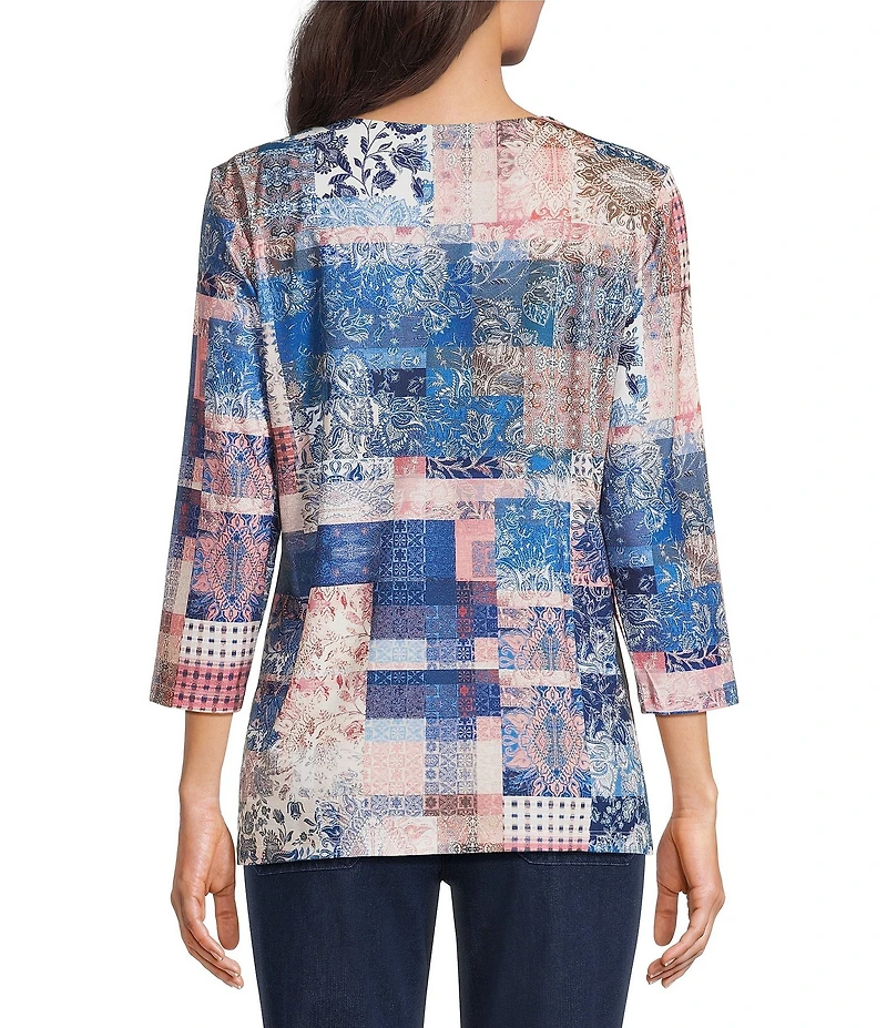 Allison Daley Petite Size Flowering Plaid Print 3/4 Sleeve Split-V Neck Knit Top