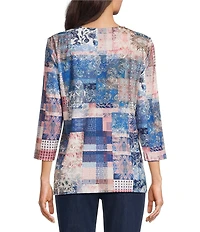 Allison Daley Petite Size Flowering Plaid Print 3/4 Sleeve Split-V Neck Knit Top