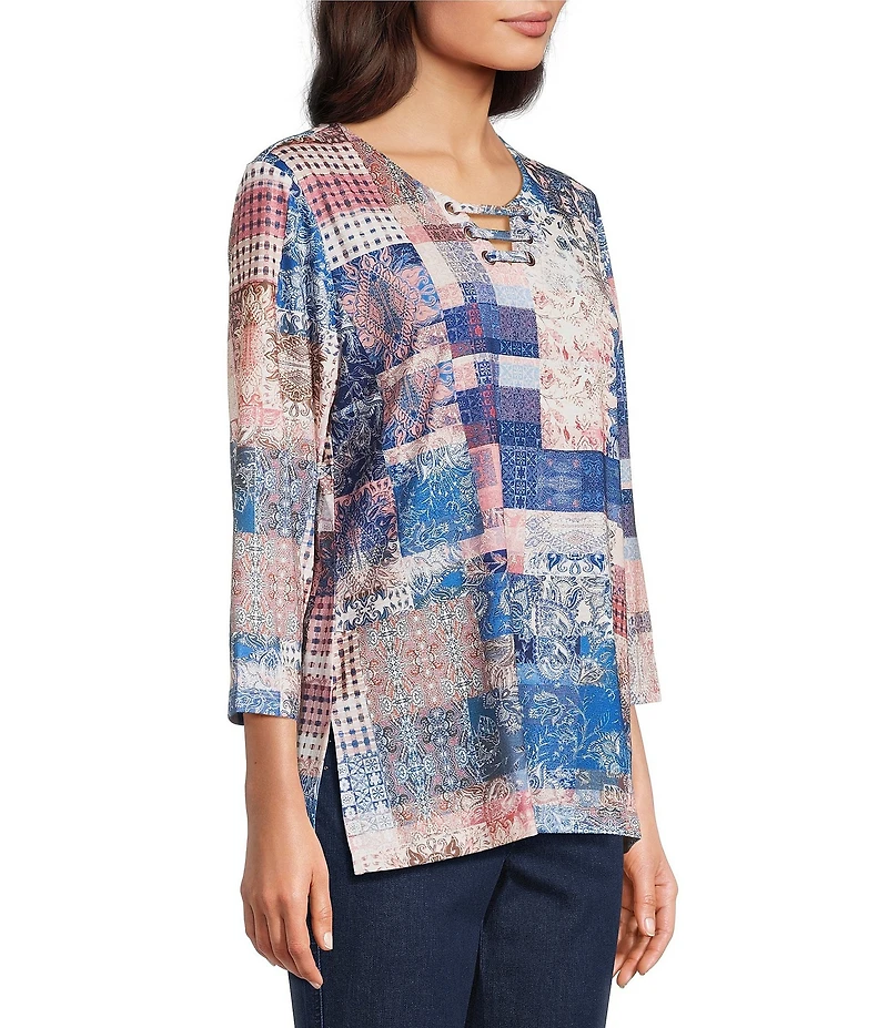 Allison Daley Petite Size Flowering Plaid Print 3/4 Sleeve Split-V Neck Knit Top
