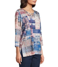 Allison Daley Petite Size Flowering Plaid Print 3/4 Sleeve Split-V Neck Knit Top
