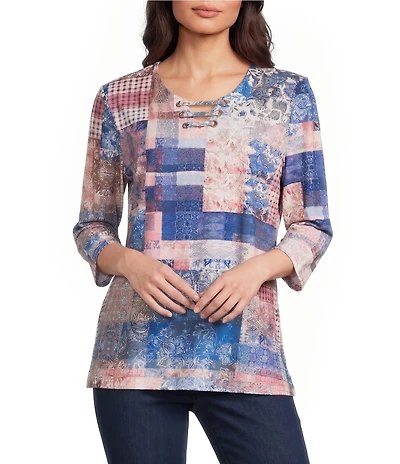 Allison Daley Petite Size Flowering Plaid Print 3/4 Sleeve Split-V Neck Knit Top