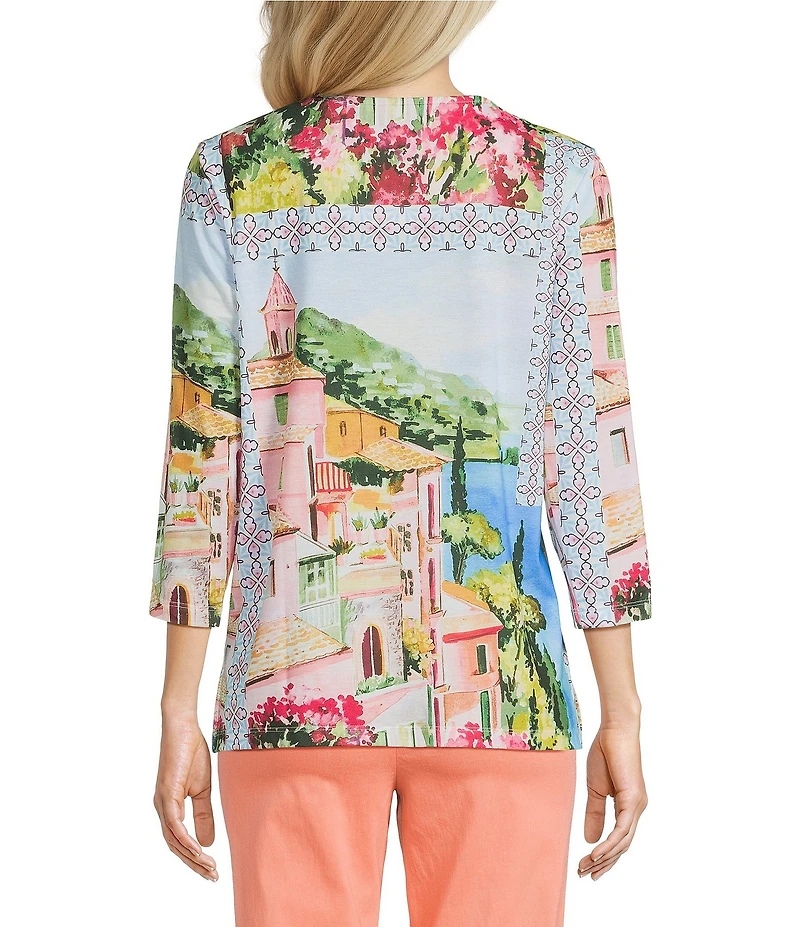 Allison Daley Petite Size French Blue Patch Print 3/4 Sleeve Crew Neck Knit Top