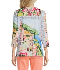 Allison Daley Petite Size French Blue Patch Print 3/4 Sleeve Crew Neck Knit Top