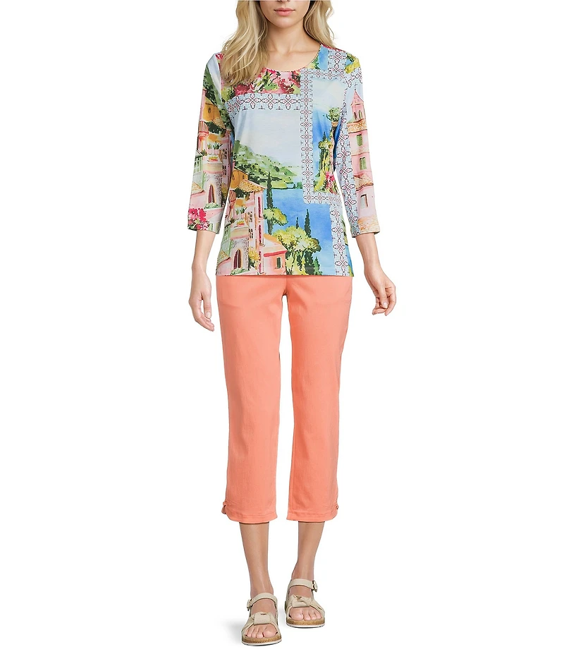 Allison Daley Petite Size French Blue Patch Print 3/4 Sleeve Crew Neck Knit Top