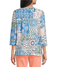 Allison Daley Petite Size Ikat Collage 3/4 Sleeve Crew Crisscross Neck Embellished Knit Top