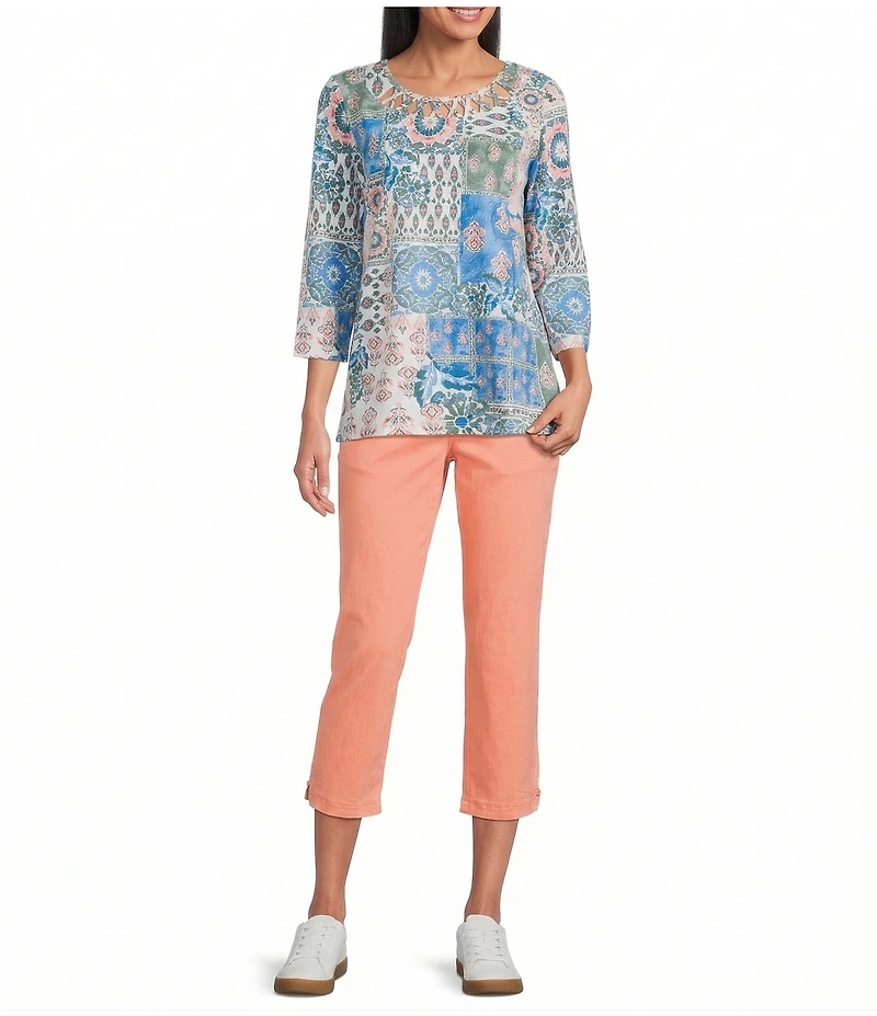 Allison Daley Petite Size Ikat Collage 3/4 Sleeve Crew Crisscross Neck Embellished Knit Top