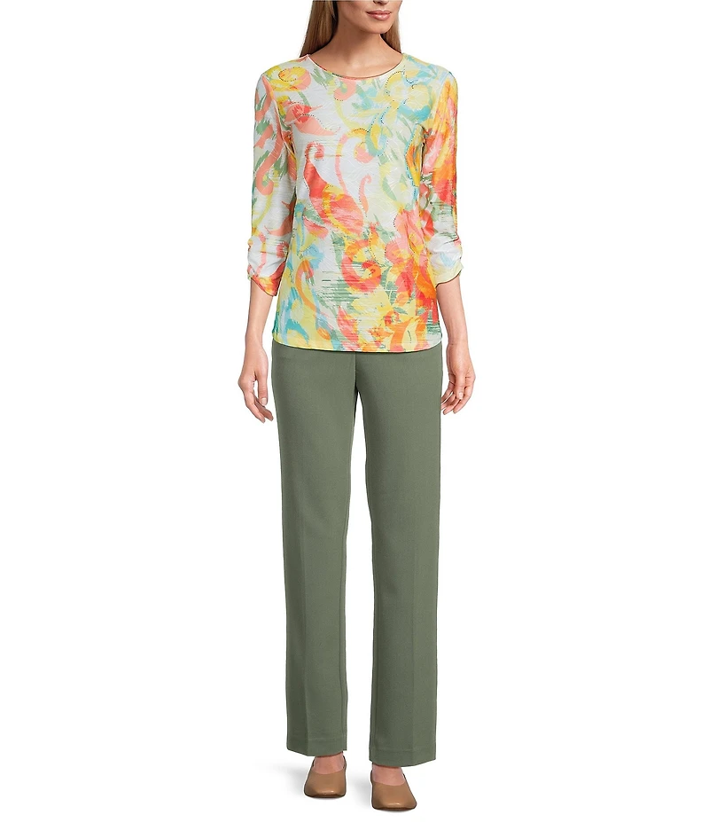 Allison Daley Petite Size Ikat Floral Print 3/4 Ruched Sleeve Crew Neck Linear Jacquard Knit Top