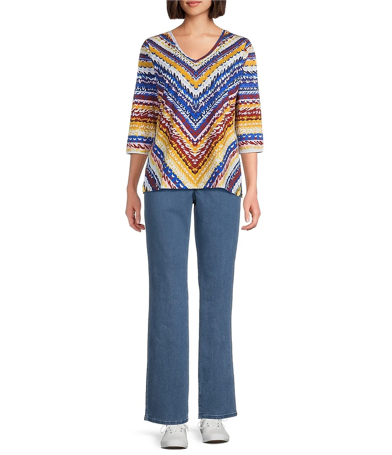 Allison Daley Petite Size Indigo Boho Stripe Print 3/4 Ruched Sleeve V-Neck Knit Top