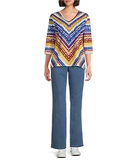Allison Daley Petite Size Indigo Boho Stripe Print 3/4 Ruched Sleeve V-Neck Knit Top