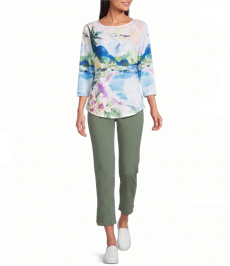 Allison Daley Petite Size Island Harbor Print 3/4 Sleeve Boat Neck Knit Top
