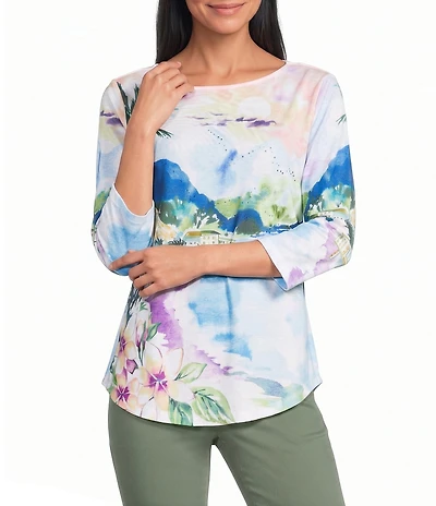 Allison Daley Petite Size Island Harbor Print 3/4 Sleeve Boat Neck Knit Top