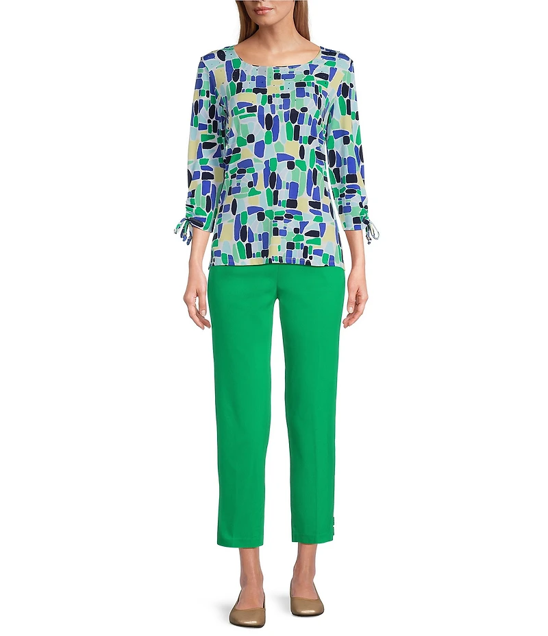 Allison Daley Petite Size Kelly Mosaic 3/4 Tie Sleeve Square Neck Knit Top