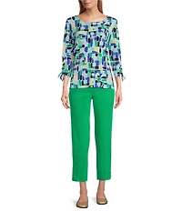 Allison Daley Petite Size Kelly Mosaic 3/4 Tie Sleeve Square Neck Knit Top