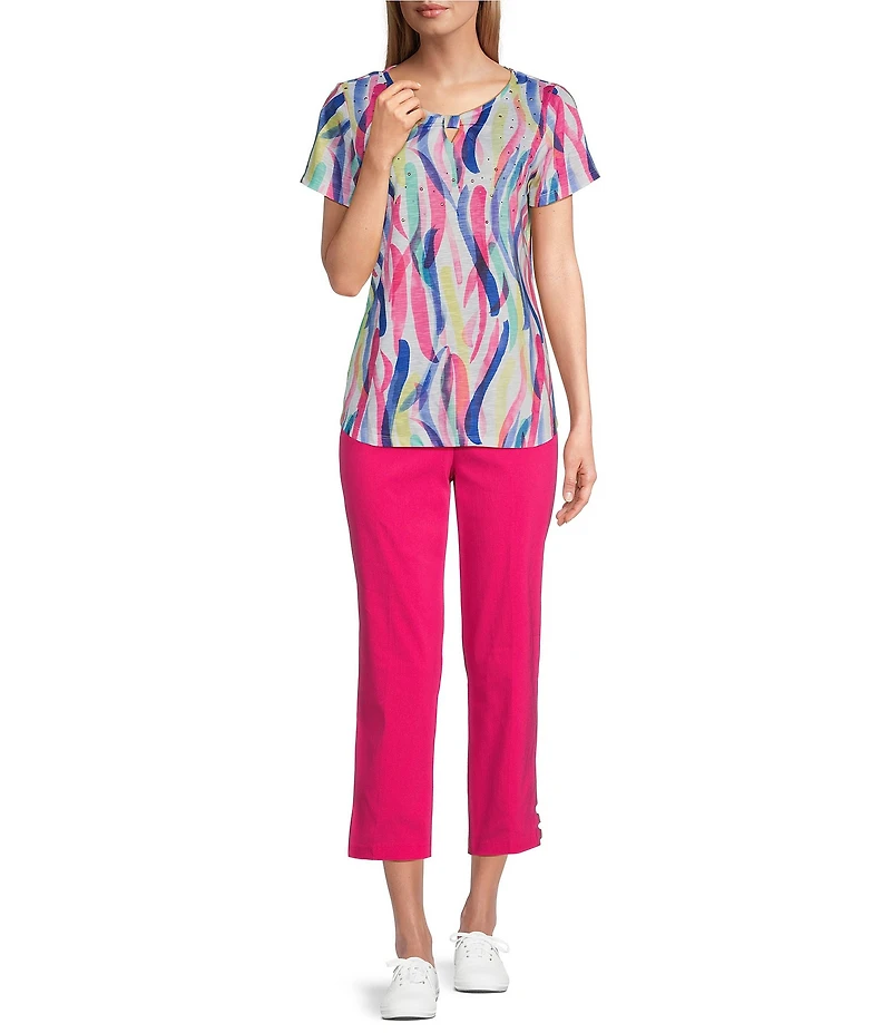 Allison Daley Petite Size Lattice Hem Pull-On Straight Leg Cropped Pants
