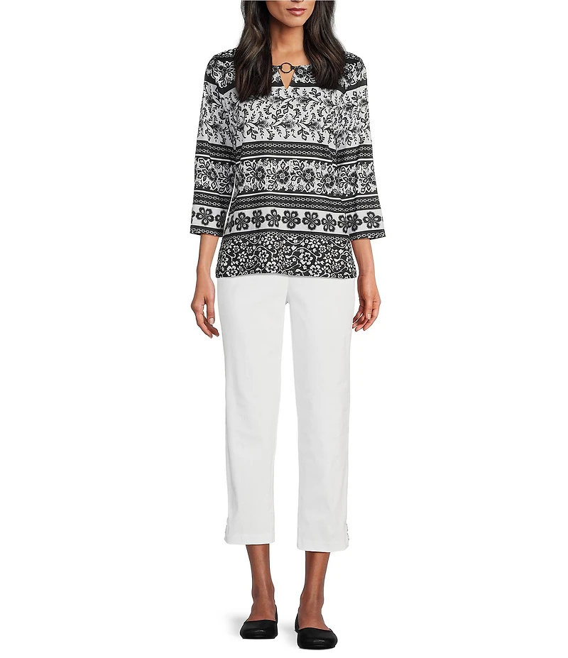 Allison Daley Petite Size Lattice Hem Pull-On Straight Leg Cropped Pants
