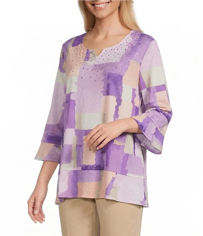 Allison Daley Petite Size Lavender Color Block Embellished 3/4 Flounce Sleeve V-Neck Knit Top
