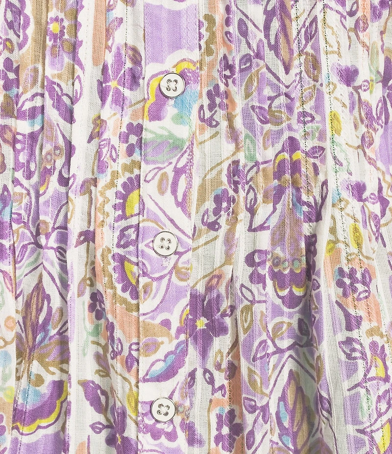 Allison Daley Petite Size Lavender Garden Print 3/4 Bell Sleeve Button Front Y-Neck Blouse