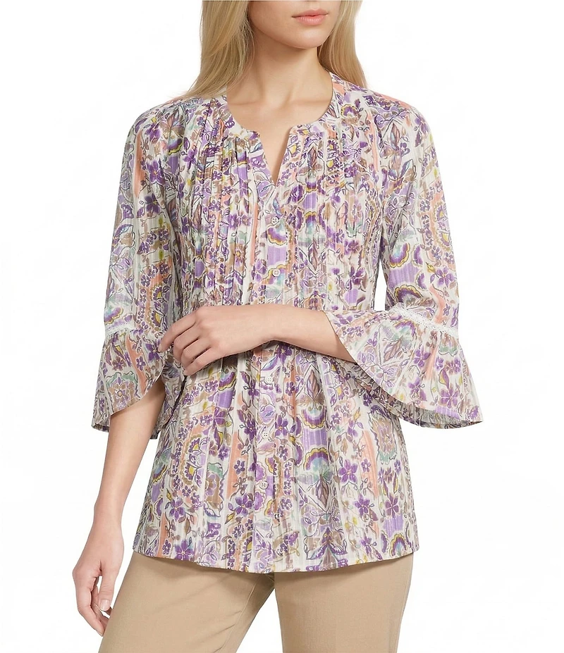 Allison Daley Petite Size Lavender Garden Print 3/4 Bell Sleeve Button Front Y-Neck Blouse