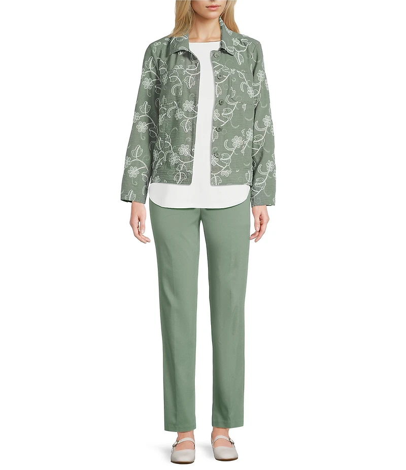 Allison Daley Petite Size Long Sleeve Button Front Point Collar Embroidered Jacket