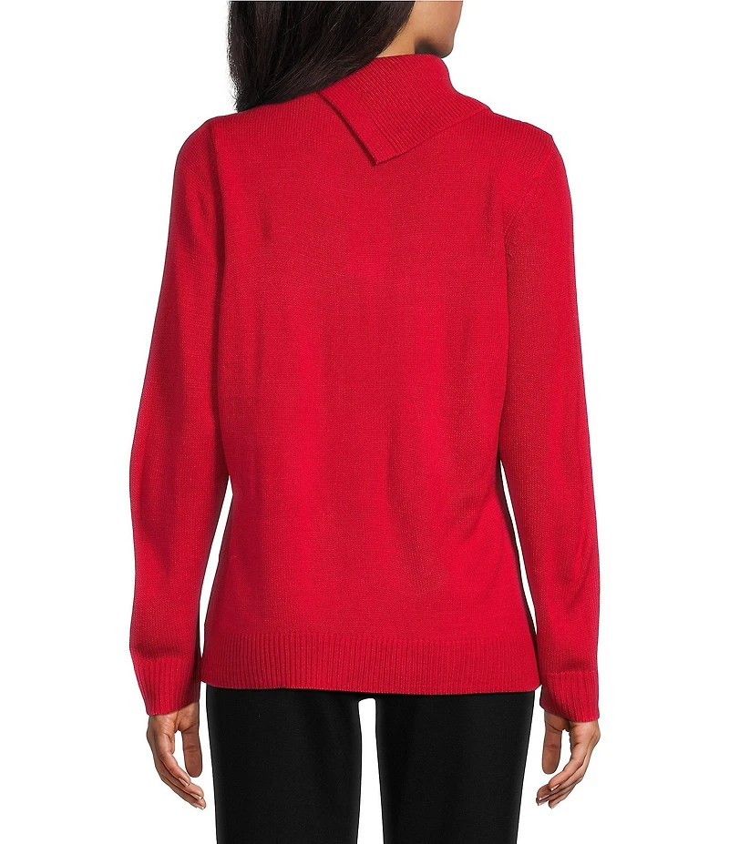 Allison Daley Petite Size Long Sleeve Envelope Neck Rib Trim Sequin Sweater